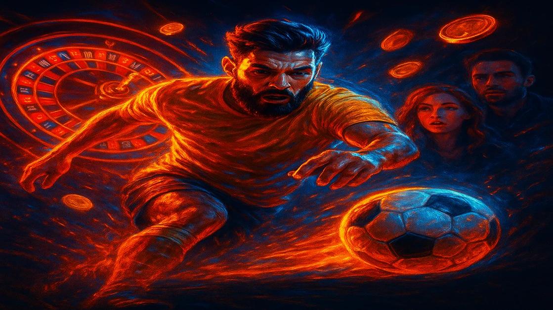 একজন তীব্র মনোভাবধারণকারী পুরুষ ফুটবল খেলোয়াড় জ্বলন্ত কোলাজের কেন্দ্রে রয়েছেন, যেখানে একটি ঘোরানোর চাকা ও গেমিং প্ল্যাটফর্ম-চিপস জড়িয়ে রয়েছে এবং স্পোর্টস-গেমিং ও গেমিং প্ল্যাটফর্ম-গেমিংয়ের উত্তেজনাপূর্ণ জগতকে 77fd-এর সঙ্গে একত্রিত করা হচ্ছে।