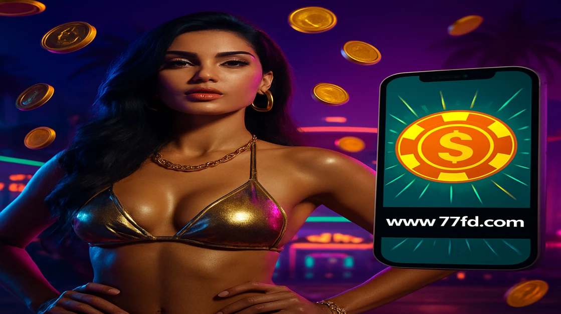 চামড়া টপ পরা এক শক্তিশালী নারী যোদ্ধা একটি পিস্তল হাতে ধরে, পাশেই একটি ফোনে 77fd অ্যাপটি দেখা যাচ্ছে; এতে বুলেট ও অ্য্যাকশন-থিমা-আইকনগুলো ছড়িয়ে রয়েছে যা চূড়ান্ত অ্যাডভেঞ্চার-গেমারের জন্য তৈরি।